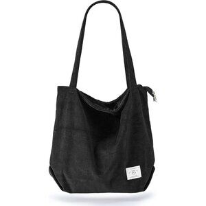 Women's Black Corduroy Zipper Casual  Big Capacity with Pockets Tote Bag